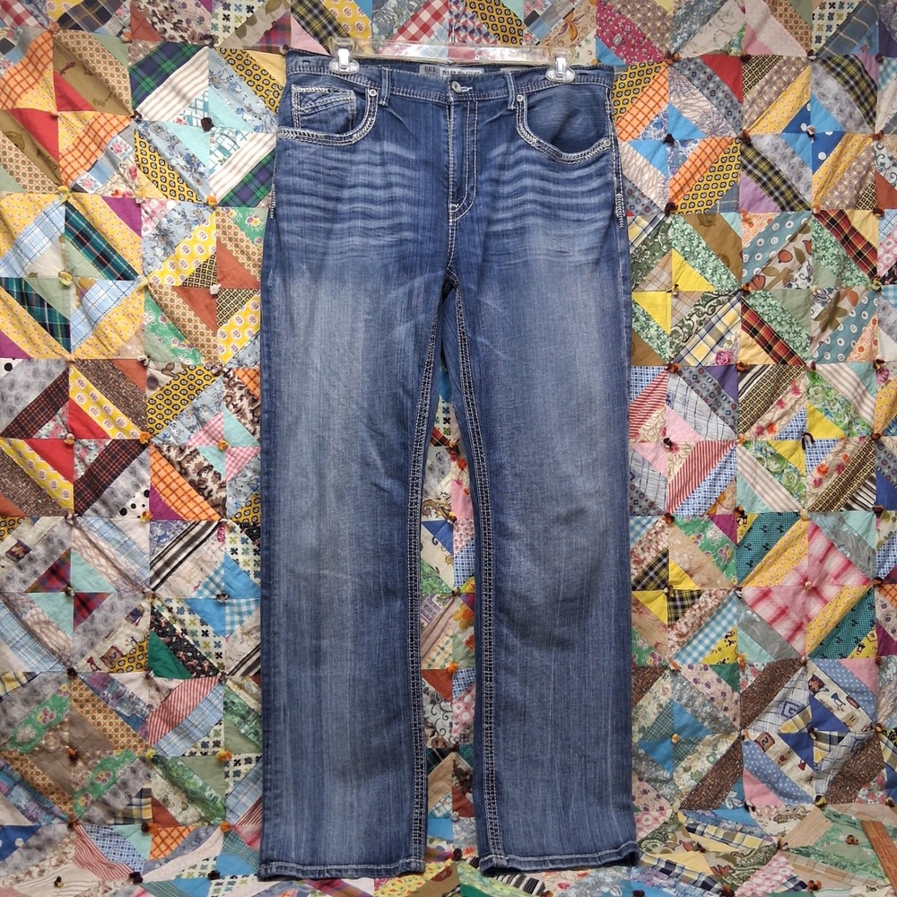 BKE Tyler Straight Jeans Mens 36L Blue Contrast Thick Stitch Flap Pocket Denim